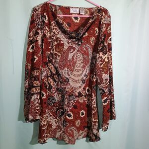 Jennifer Lauren Rust Paisley Cowl Neck Blouse Long Sleeve Boho Top